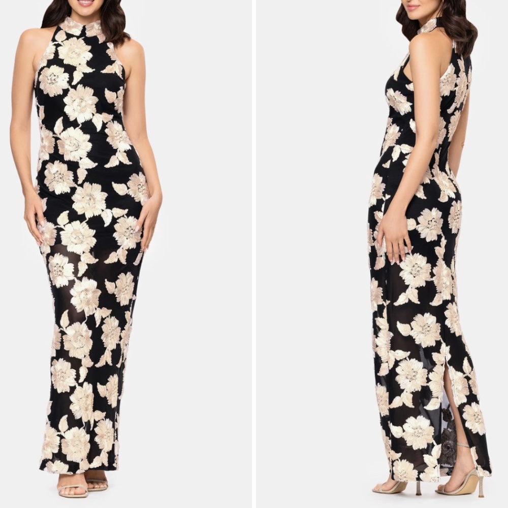 Betsy & Adam Floral Soutache Sheath Gown 6